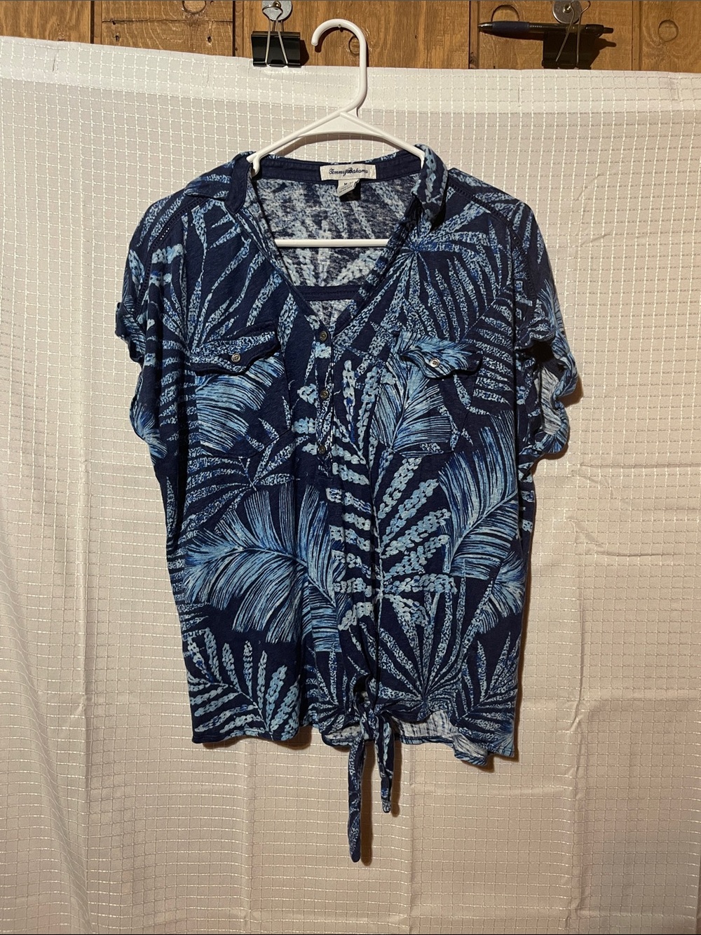 Tommy Bahama Navy and Light Blue Tropical Tie-Hem Button Front Top